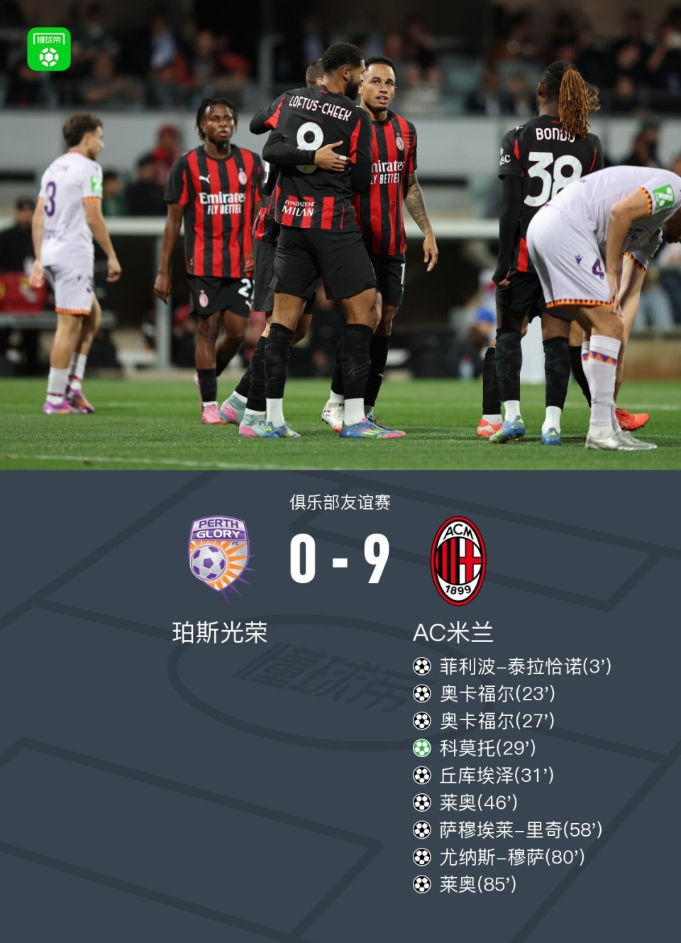半场-AC米兰5-0珀斯光荣奥卡福双响17岁科莫托造点+勺子点射